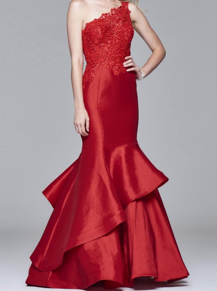 Camille La Vie Red One-Shoulder Lace Appliqué Mermaid Gown